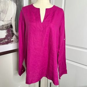 Lauren Ralph Lauren 100% Linen Pink XL Tunic Long Tab Sleeve Magenta Split Neck